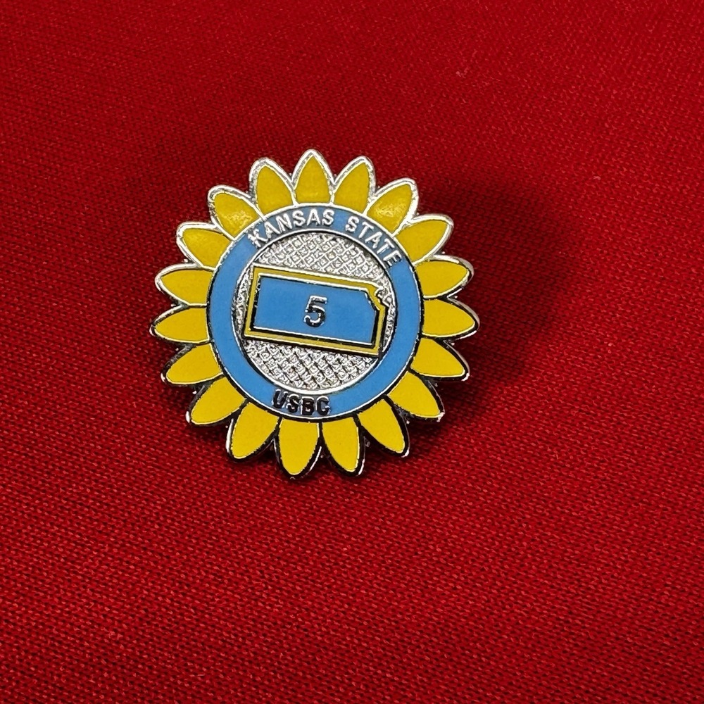 Kansas State USBC Bowling Sunflower Enamel Lapel Pin Sanders Yellow Blue Silver